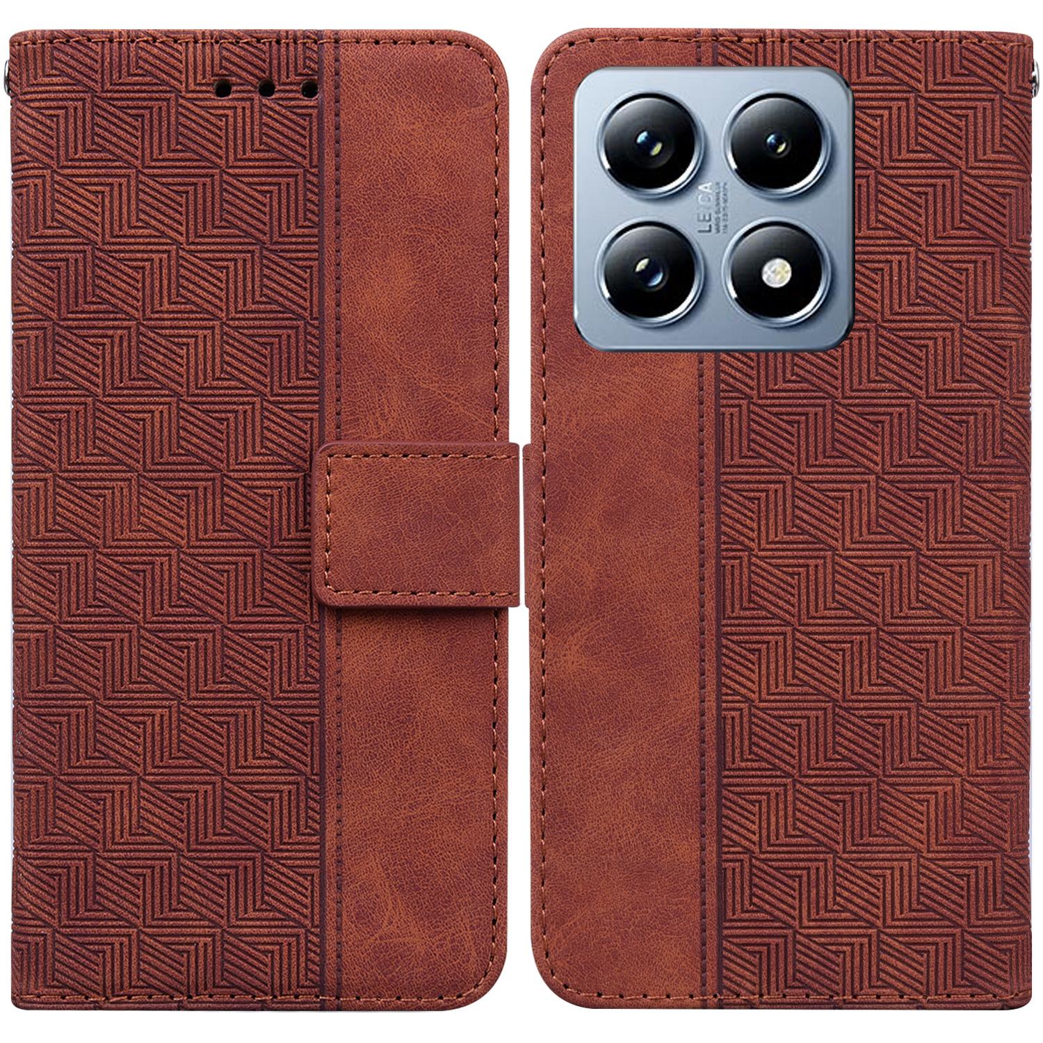

For Xiaomi 14T Case Geometry Pattern Leather Wallet Phone Cover with Wrist Strap Brown