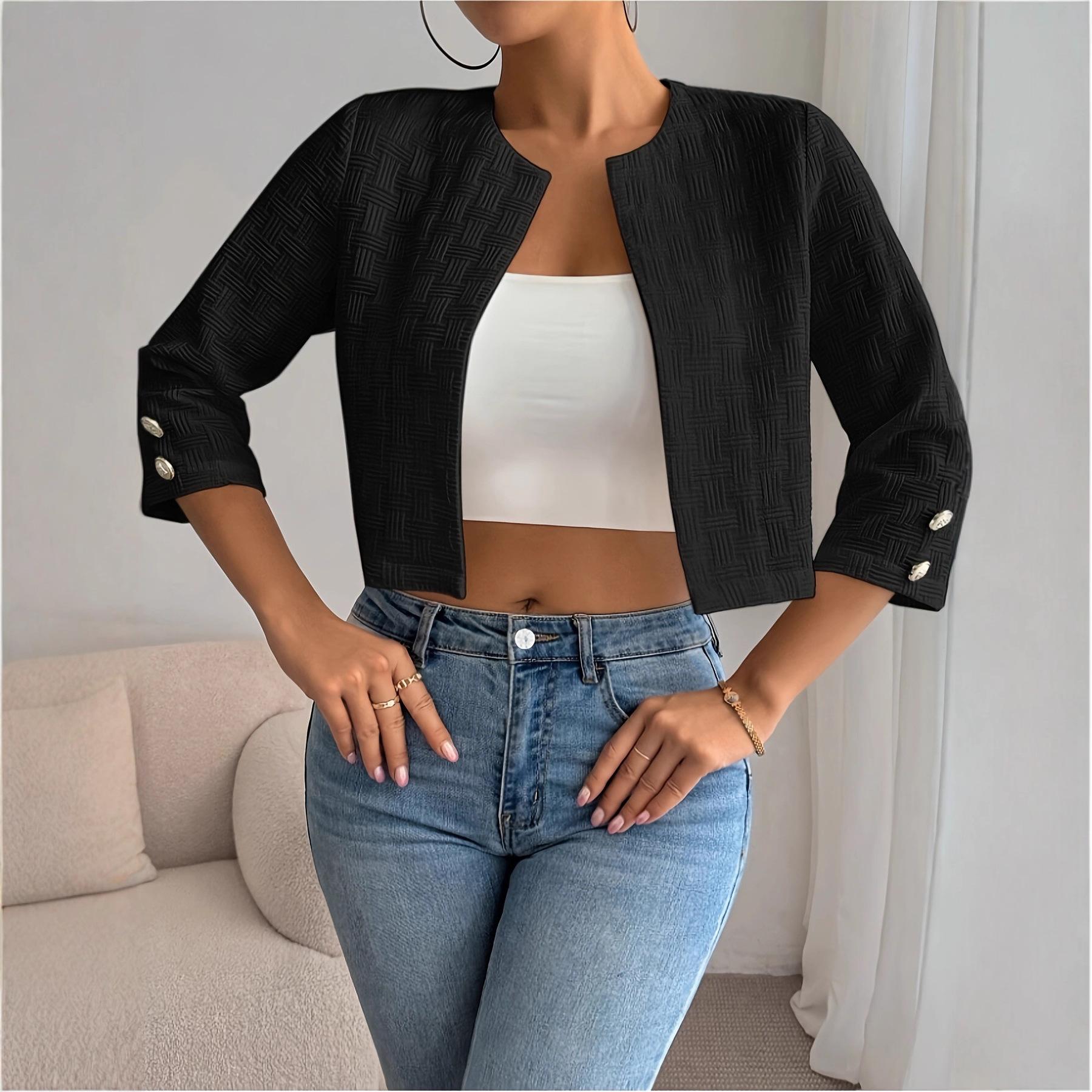 

Европейская и американская женская короткая куртка с круглым вырезом и длинными рукавами, без пуговиц XX-Large чёрный