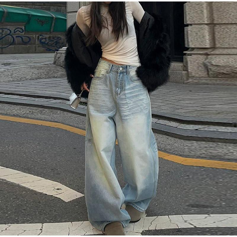 

Свободные широкие мешковатые джинсы женские винтажные с высокой талией и карманами на молнии длинные джинсовые брюки весна-лето 2025 новые женские уличные брюки 2XL синий