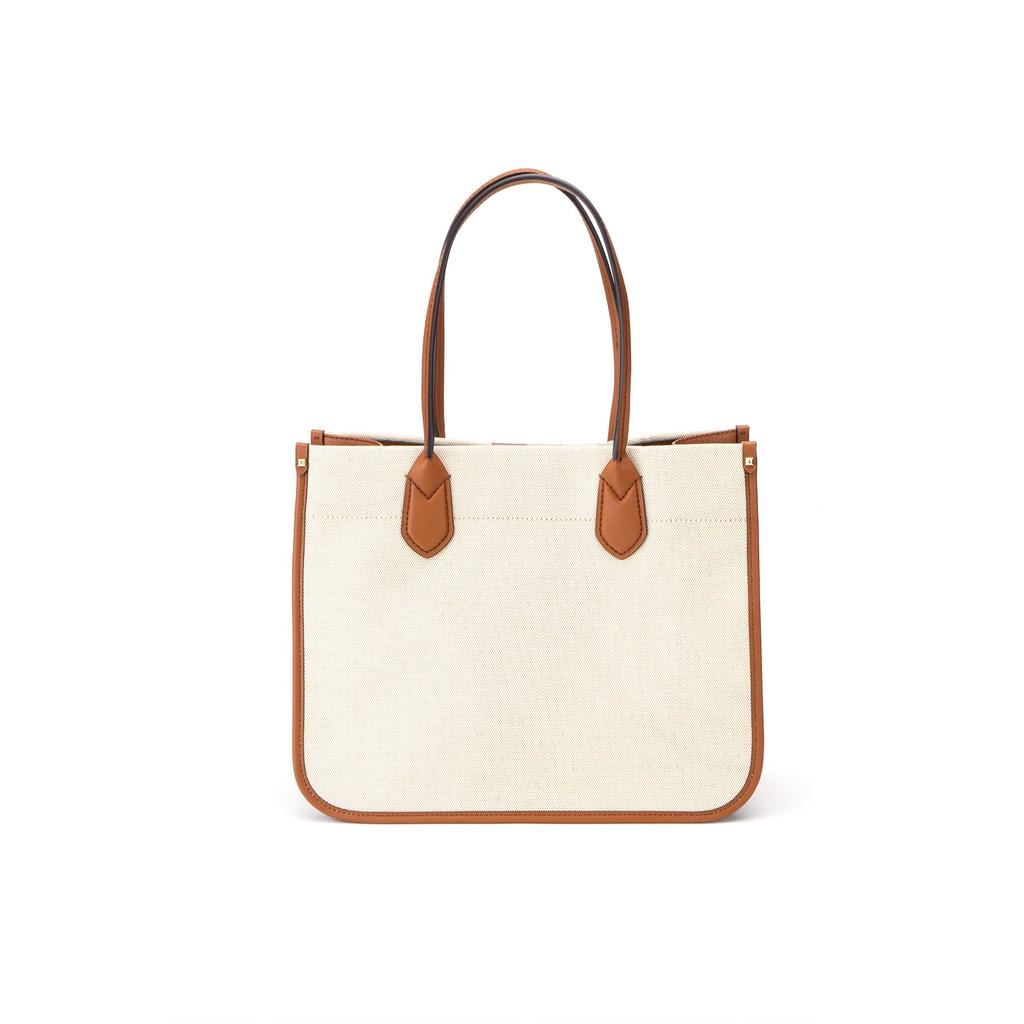 Michael Kors Heidi Color Block Striped Commuter Fashion Large Capacity Cotton Tote Bag Women Tote Brown Beige 30S2GH6T3C-299