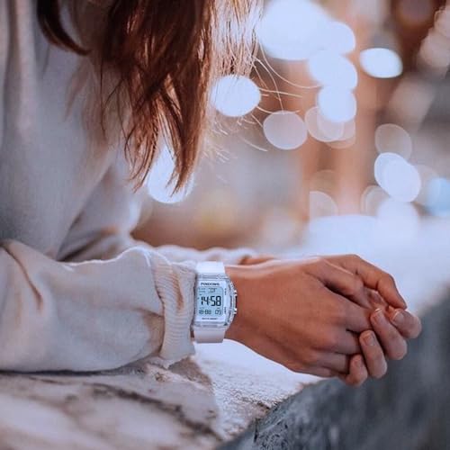 PINDOWS Women's Digital Sports Watch with Clear Transparent Case, Bright LED Light, 5ATM Water Resistance, Stopwatch, Alarm, and Dual Time Display, Id