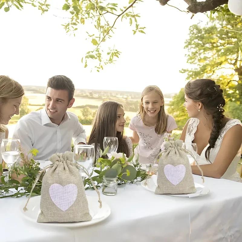 5/30PCS Heart Shape Jute Drawstring Bags Reusable Burlap Jewelry Storage Pouch Home Wedding Christmas Party Gift Packaging Bags