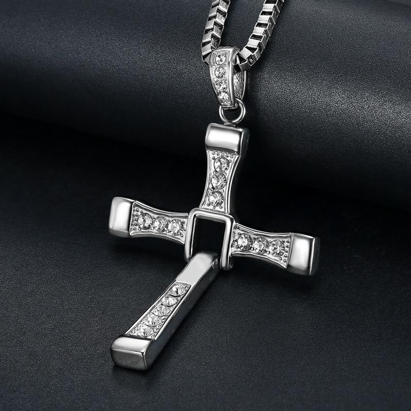 316L Stainless Steel Fast Furious Movies Actor Dominic Toretto Rhinestone Cross Gold Color Pendant Chain Necklace Men Jewelry