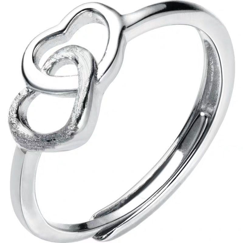 925 Sterling Silver Women's Ring - Frosted Heart Interlocking Design, Simple Glossy Love, Open Adjustable Fit, Elegant and Sweet Style