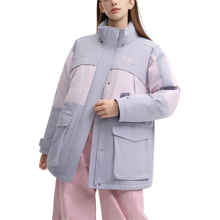 Fila Original Fashion Color Block Casual Loose Waterproof Stain Resistant Hooded Warm Long Sleeve Down Jacket Women Outerwear F51W449903F-GY