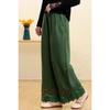 Damen Retro Bestickte Lässige Weitbein Hose Sommer Baumwoll- und Leinenhose Locker Gerade Bein Hose
