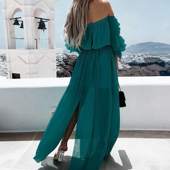 Strandkleid Perspektive Doppellagig Dreiviertelärmel Schulterfrei Durchsichtiges Mesh Maxi