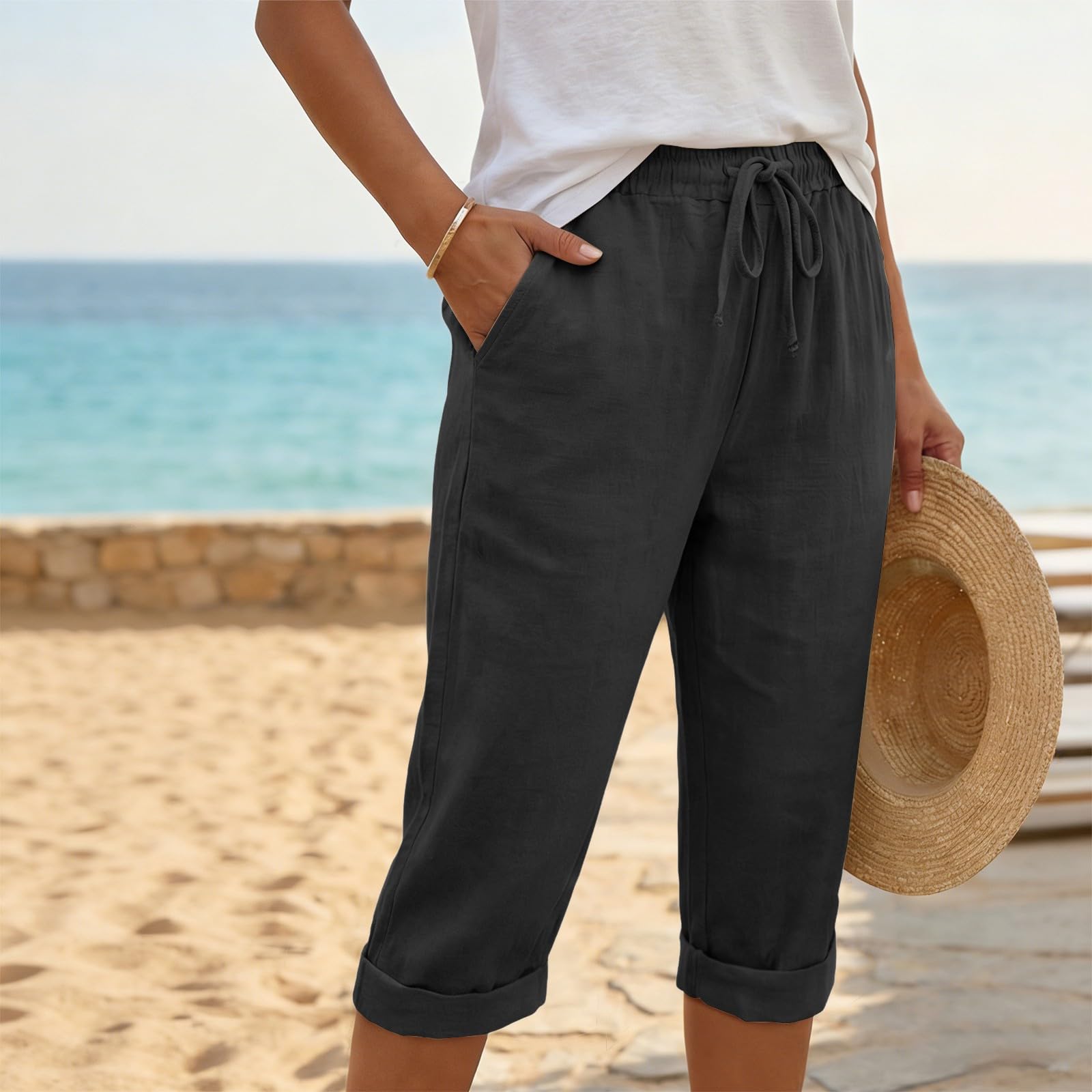 

Women Drawstring Waist Linen Capri Pants with Pockets Loose Fit Lightweight Cropped Trousers for Casual Daily Wear M чорний