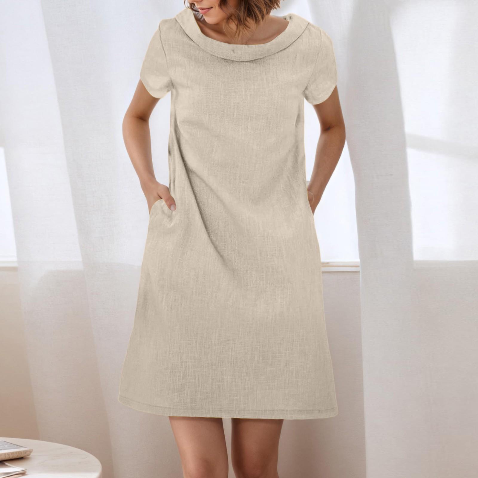 

Womens Dress Summer Casual Loose Short Sleeve Beach Shirt Dress With Pockets XL хаки