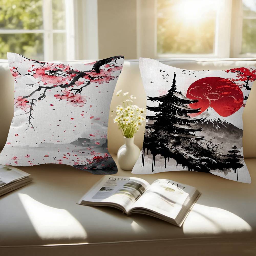Landscape Samurai Geisha Bonsai Torii Gate Sakura Pillow Cover For Bedroom Room And Living Room Sofa Decorative Cushion Cover