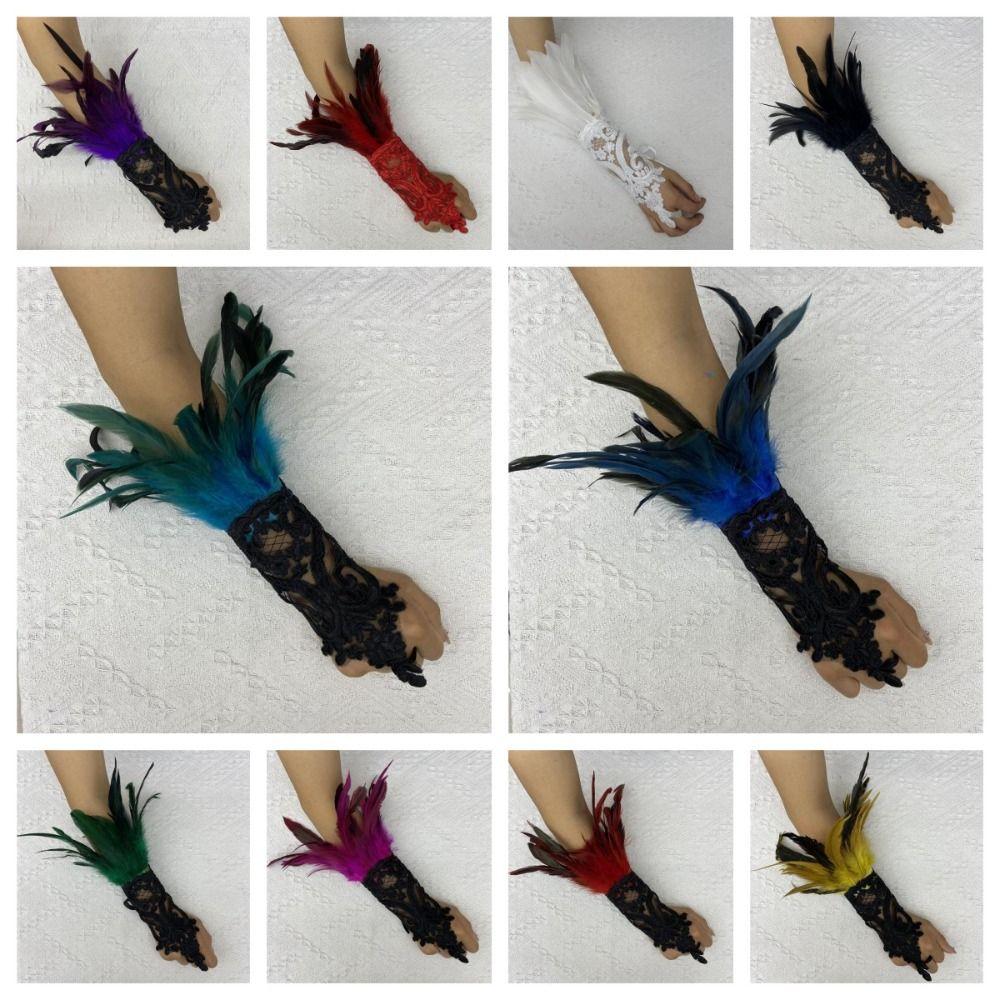 Wristband Feather Lace Glove Embroidery Women Halloween Cuffs Halloween Feather Gloves Carnival