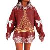 Ladies' Christmas Printed Bow Long Sleeved Loose Fitting Headband With Rope Hooded Sweatshirt Top