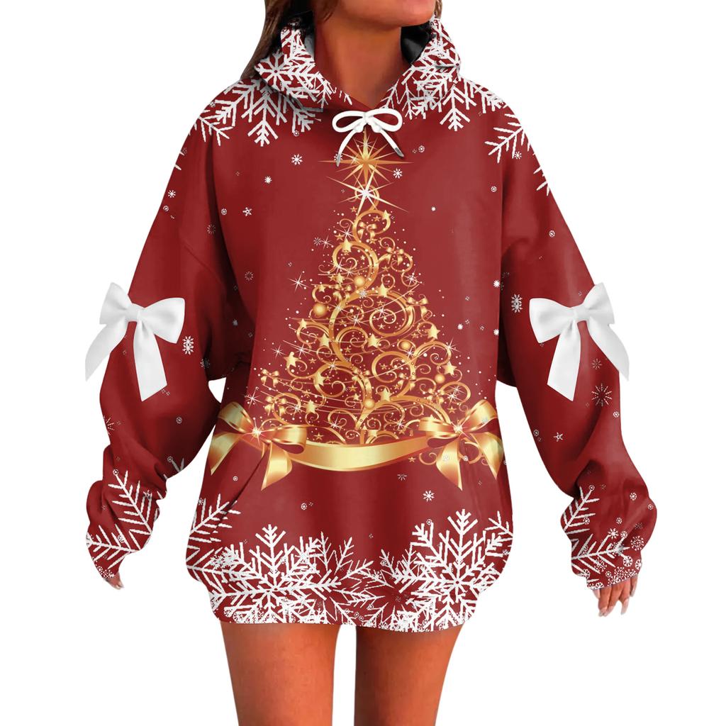 Ladies' Christmas Printed Bow Long Sleeved Loose Fitting Headband With Rope Hooded Sweatshirt Top