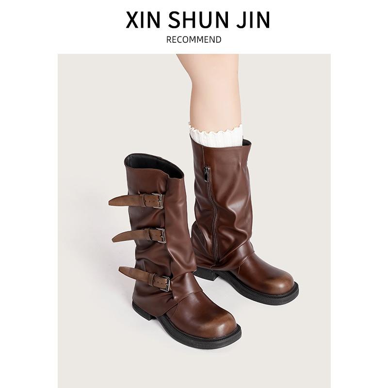 Niche retro thick heel mid-height boots western cowboy stack boots knight boots early autumn martin boots women's boots