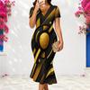 Women Plus Size V Neck Short Sleeve Black Gold Printed Fitted Fishtail Dress