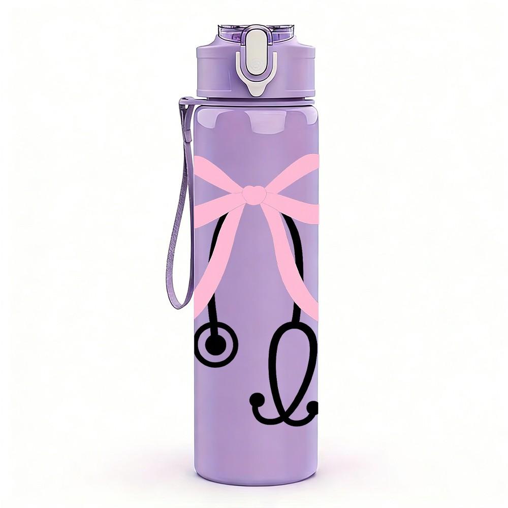 1PC Pink Bow Stethoscope 750ml Color Plastic Sports Water Bottle Leakproof Flip Straw Lid Suitable for Sports Office Home Use