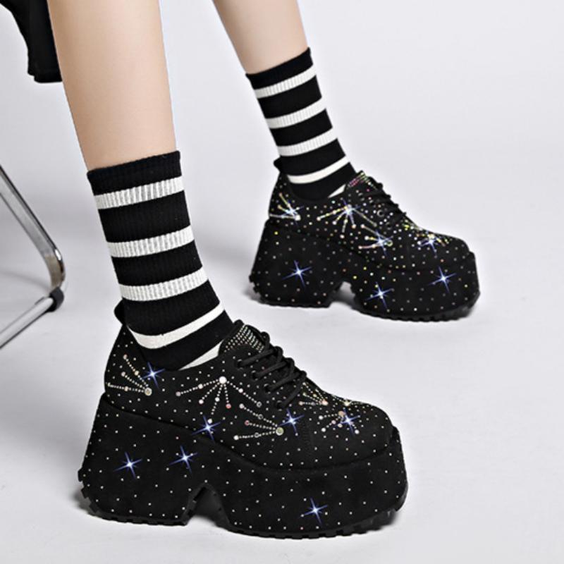 Small Height-enhancing Shoes for Women, Fashionable, Star-studded Rhinestones, Autumn Thick-soled, Light Luxury Low-top Shoes