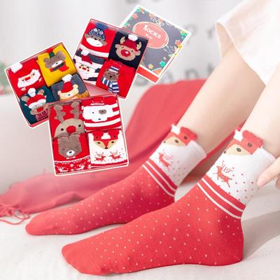 Boxed Women's Thick Mid-Calf Christmas Socks, Big Red Benming Year with Cartoon Bear & Reindeer.