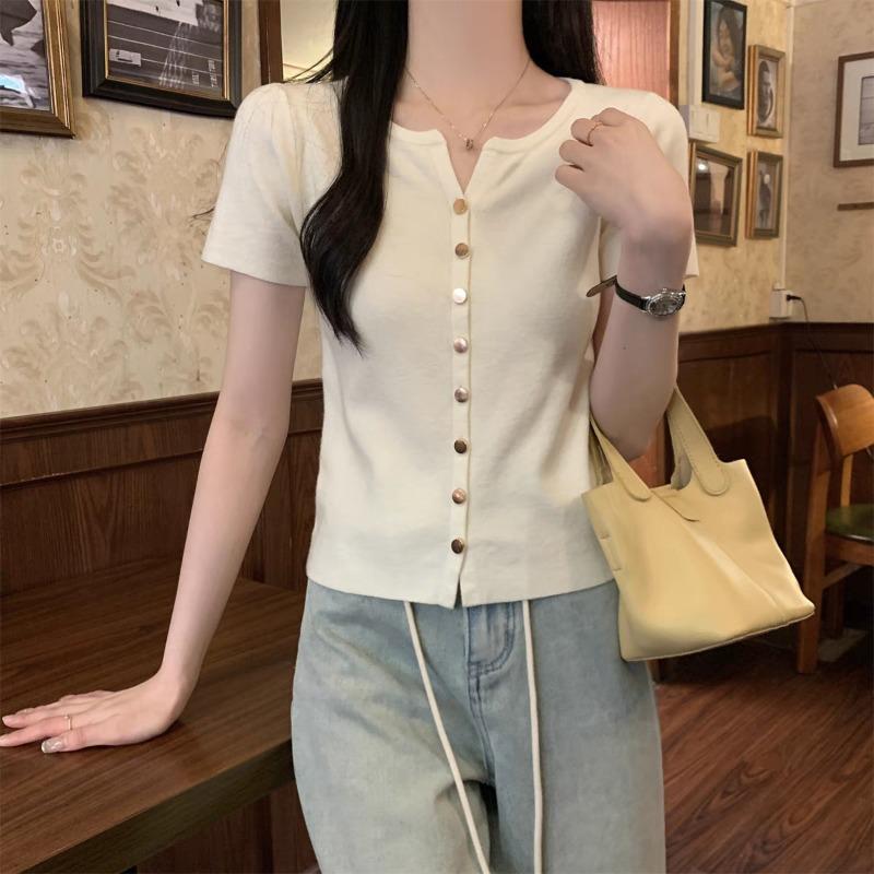 

Корейская мода Кардиган с коротким рукавом Вязаный свитер Женский Однобортный V-образный вырез Летние топы Приталенный Повседневный Офисный Элегантные Пальто Одежда One Size абрикосовый