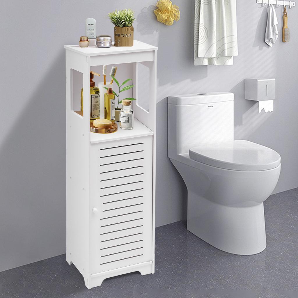 4-Tier White PVC Bathroom Storage Cabinet – Floor Standing Organizer with Ventilated Door – 35.4 Inch Tall