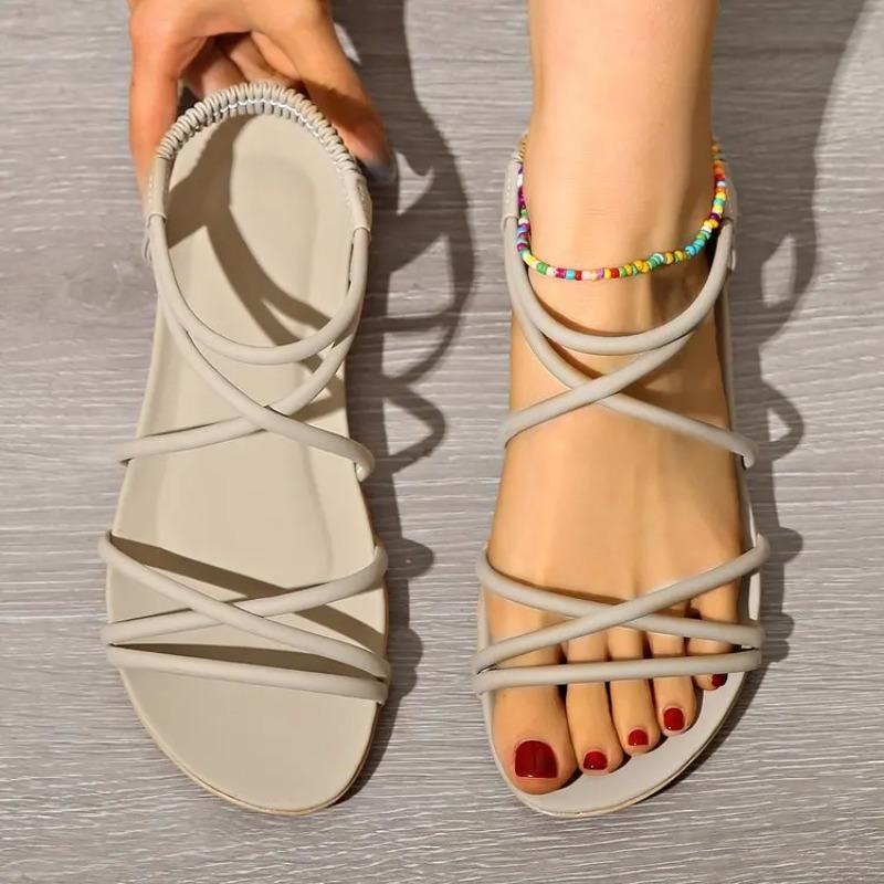 Fashion Womens Shoes 2025 Large Size Cross Cross-Shoes Flat Sandals Summer Heels Suit Female Beige Luxury New Big Without Girls