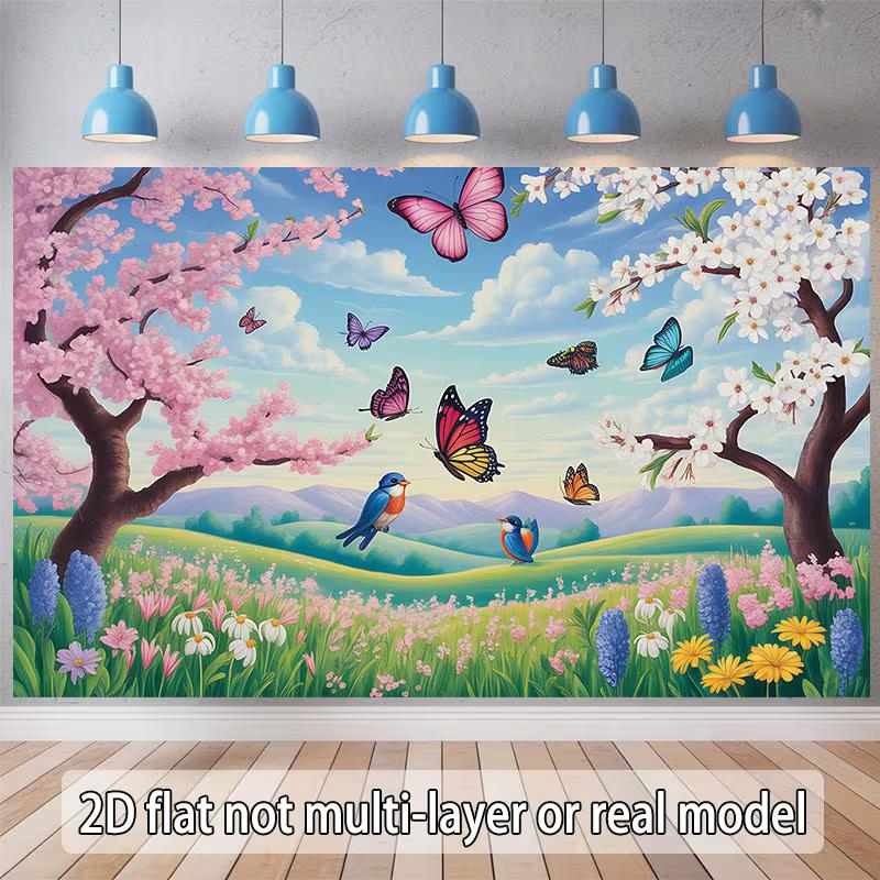 

2D Floral Garden Backdrop, Enchanted Sakura Meadow with Birds and Butterflies Background for Themed Events 47.2x31.5inch/120*80cm