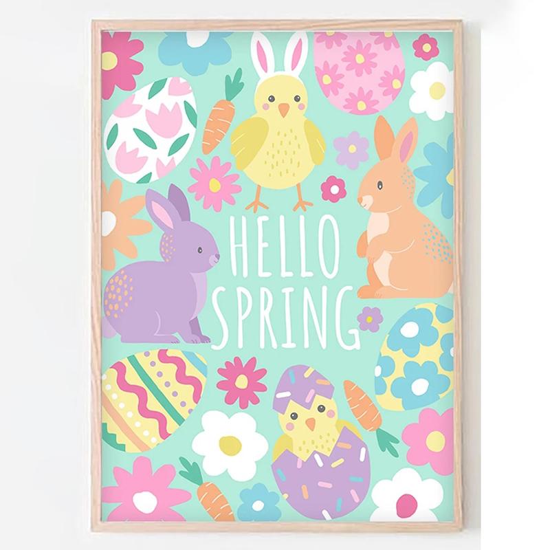 Hello Spring Cute Easter Wall Art, Spring Decor, Pastel Colours Print, Kids Room, Children's Room Decor Canvas Poster Artwork