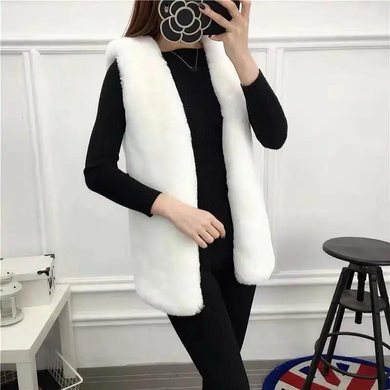 Women's Mid-Length Black Faux Fur Vest Open Front Warm Winter Gilet Slim and Versatile Outer