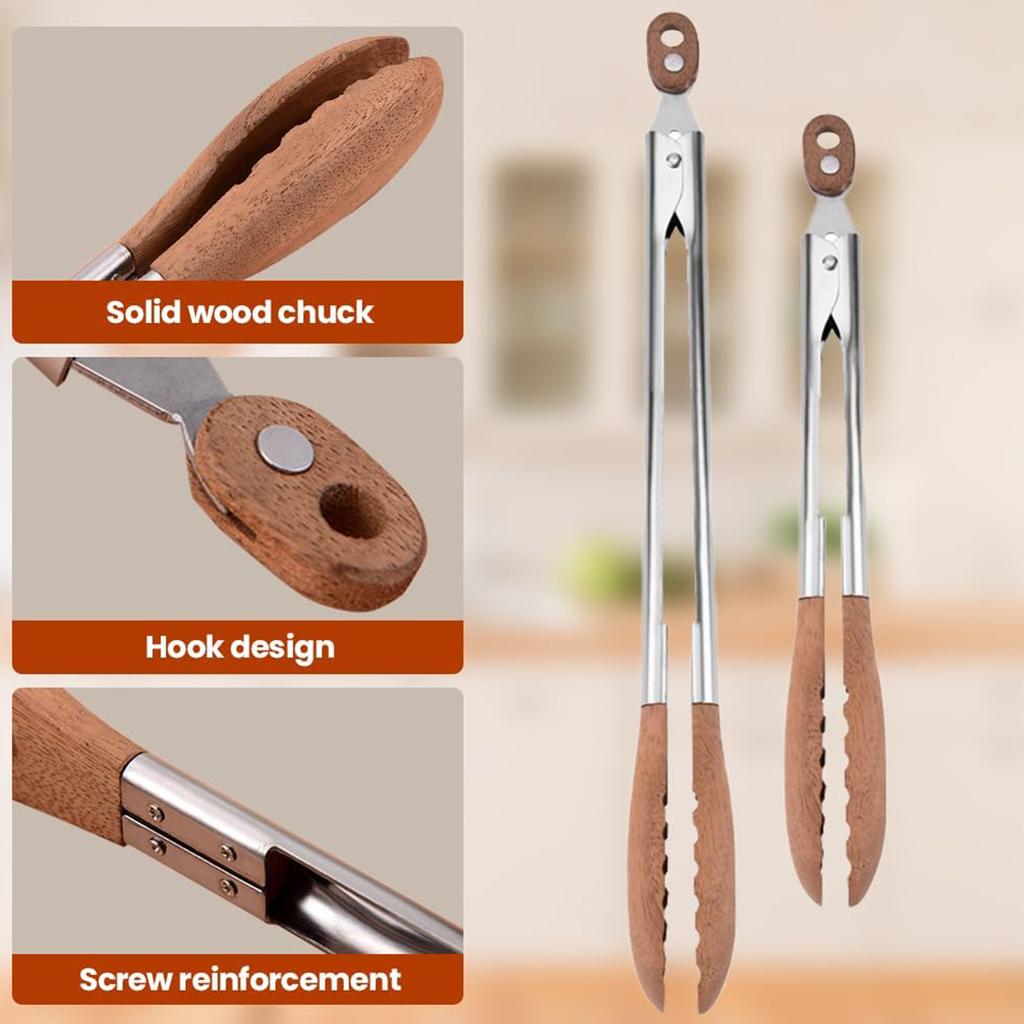 Cooking Wooden Tongs, Stainless Steel Non- Long Handle Wooden Tongs With Hanging Hole, Home Creative Cooking Tongs For Grilling, Serving, Mixing