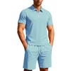 Summer Men Jacquard Textured Matching Set Half Zip Collar Polo Short Sleeve Top Drawstring Waist Shorts Golf Beach Two Piece Tracksuit