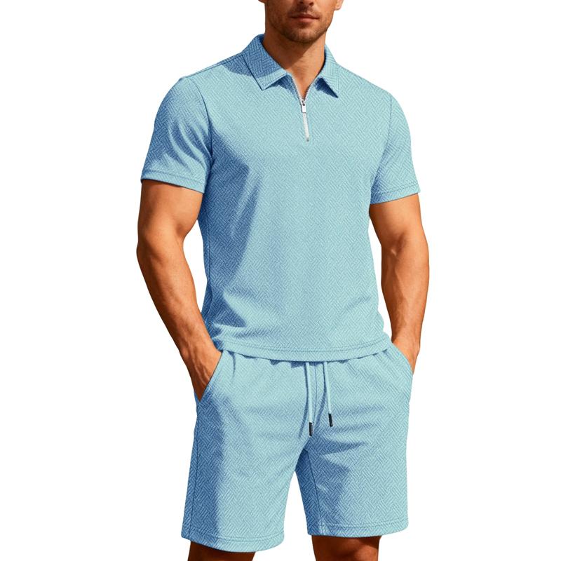 Summer Men Jacquard Textured Matching Set Half Zip Collar Polo Short Sleeve Top Drawstring Waist Shorts Golf Beach Two Piece Tracksuit