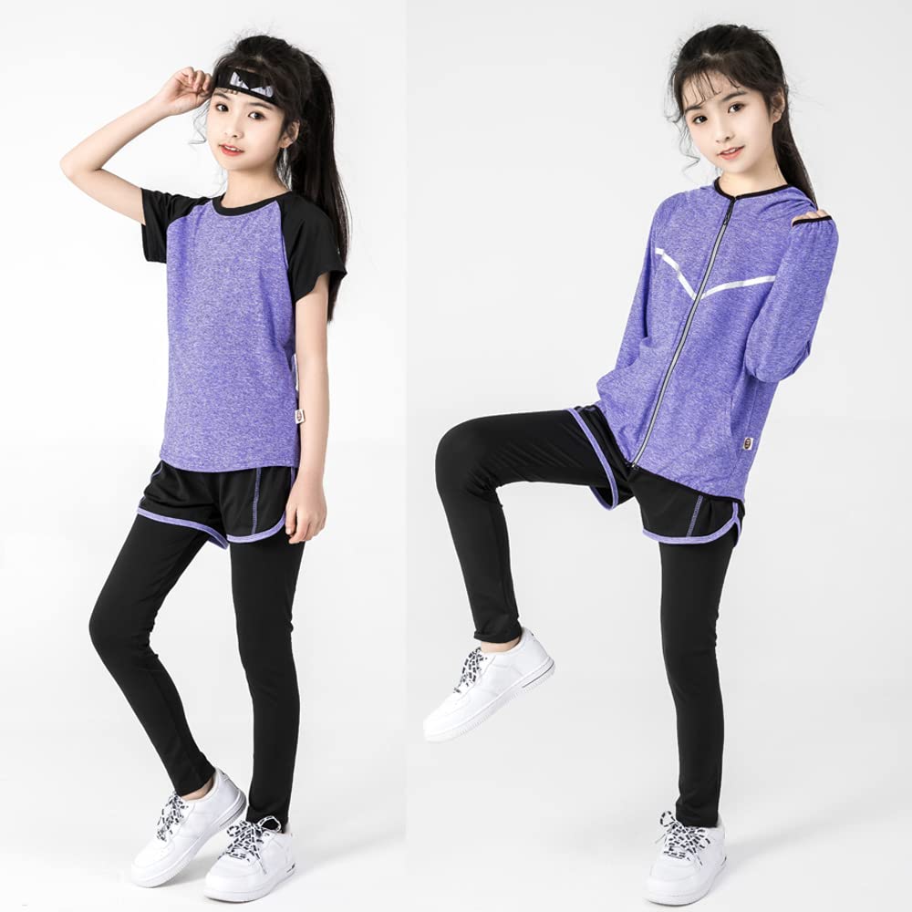 HYJEAL Sportswear Set for and Fitness Long Short and Size and Winter Kids' Girls, Yoga, Training, Running, 4-Piece Set, Jersey, Stretchy, Breathable,