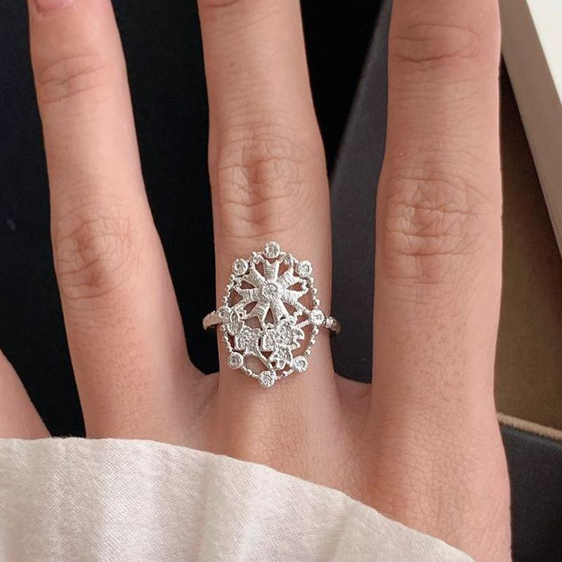 silver  lace embroidered oval brushed Female Ring new in trend exquisite carved rings for women wedding fine