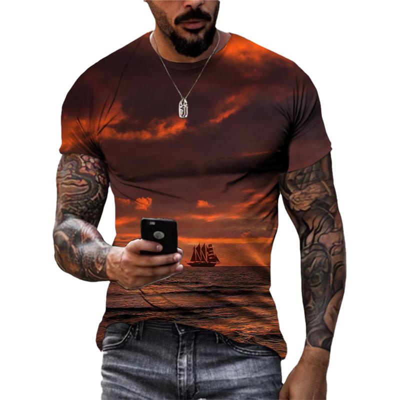 Sommersollys Havbølge Sand Casual Stil grafiske t-skjorter Mote Nye Menn Fritid Trykket Rund Hals Kortermet T-skjorter Topper