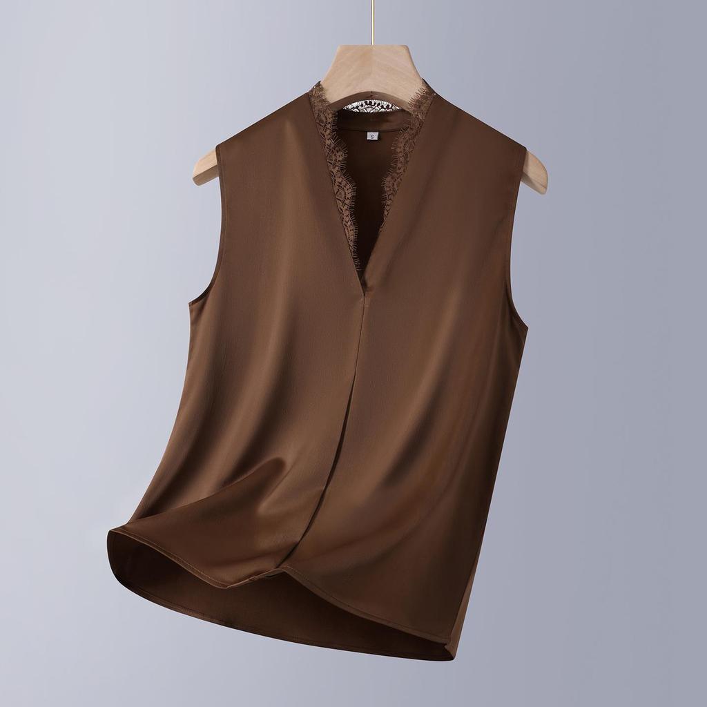 Black Spring/Summer Satin Lace Trim Vest – Slimming Women's Elegant Layered Top