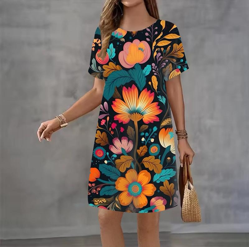 Modisches 3D-Druck Sommerkleid Locker Lässig Kurzarm Rundhals Minikleid