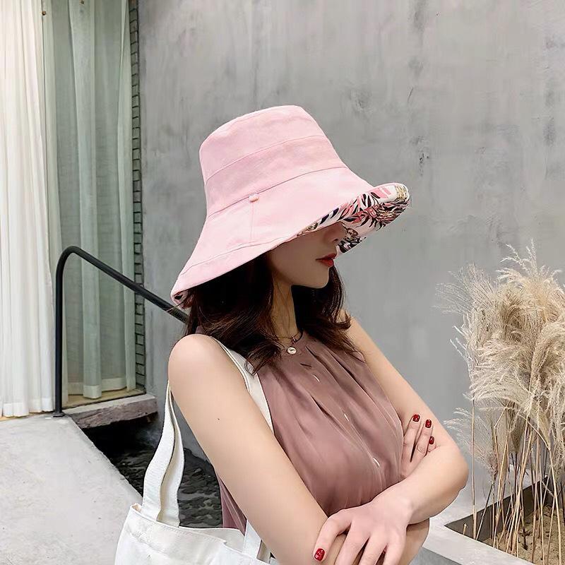 Hat Female Double-sided Japanese Internet Celebrity Travel Visor Sun Protection Big Brim Face Bucket Hat Women Summer Double-sided Can Wear