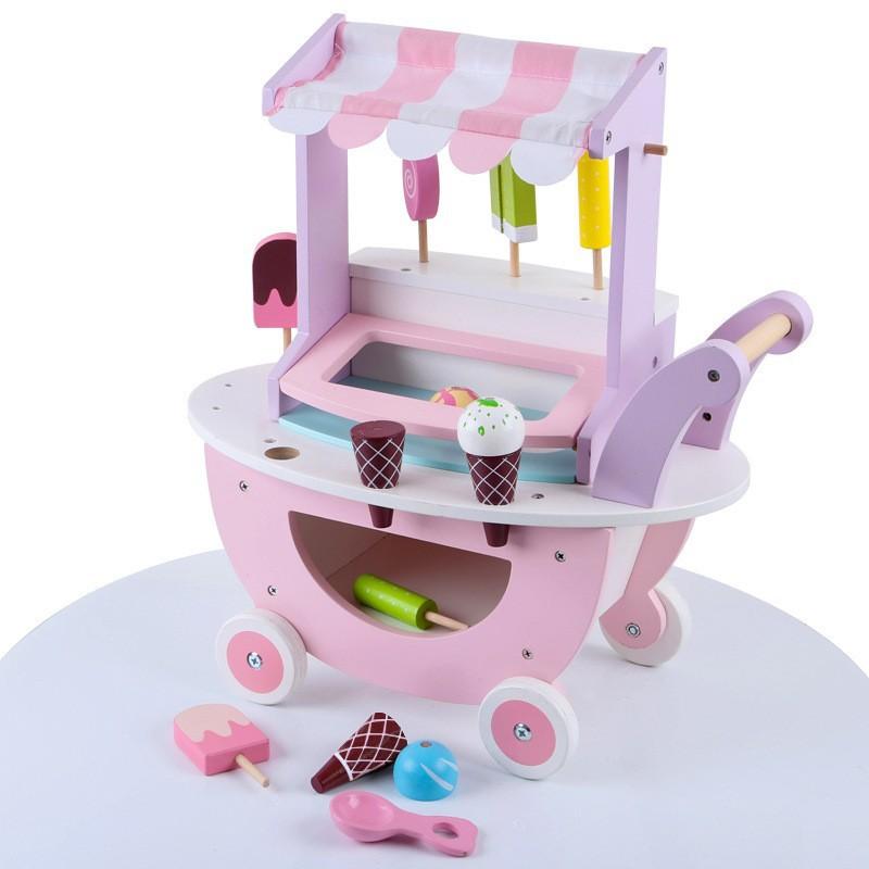 Wooden kitchen toy play house simulation ice cream trolley children's shopping cart toy supermarket simulation trolley