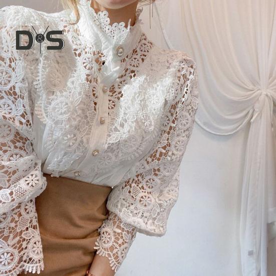 Kadın Gömlek Stand Yaka Fener Uzun Kollu Tek Sıra Gömlek Üstleri İçi Boş Nakış Dantel Düz Renk Üstler