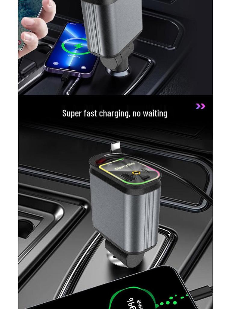 Starry Sky Multi-Function Car Charger: Dual Retractable Cables & Projector Light.
