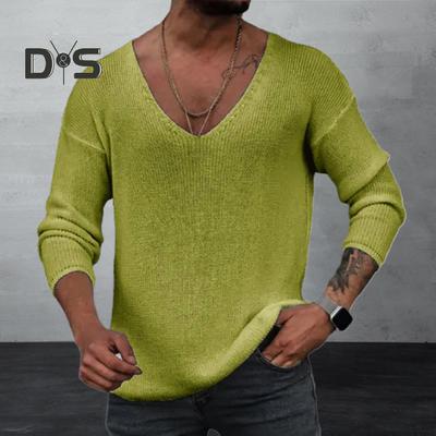 Men Spring Autumn V Neck Long Sleeve Sweater Loose Fit Solid Color Bottoming Pullover Tops Simple Casual Knitting Tee Tops