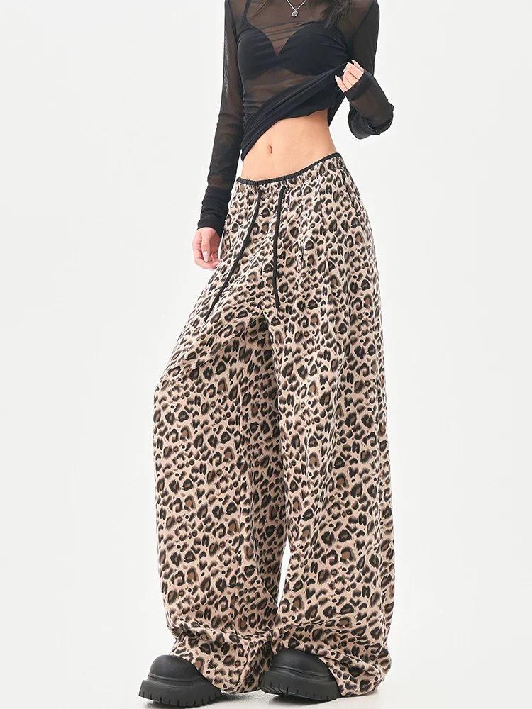 Women s High-Waist Leopard Print Denim Wide-Leg Pants with Drawstring M