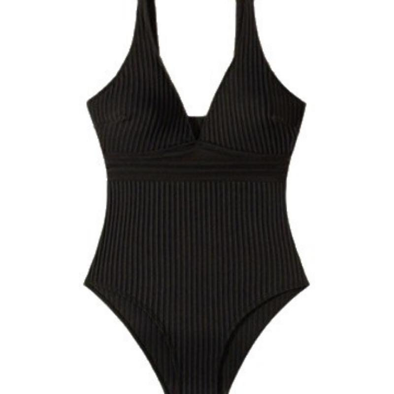 Black Vertical Texture V Neck Cross One Piece Swimsuit Women High Cut Tummy Control Swimwear