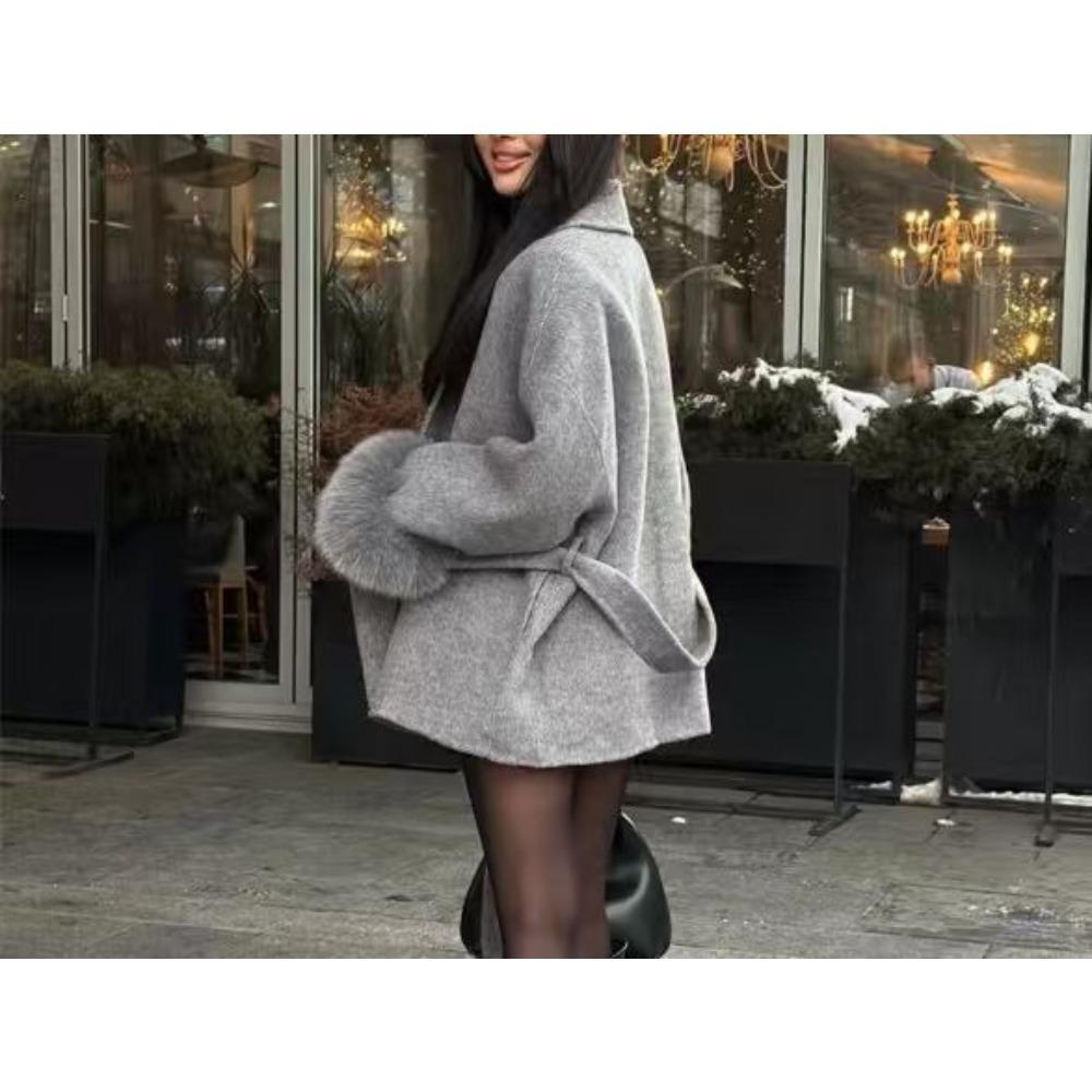 Fashion Lapel V-neck Woolen Coat Women Chic Lace Up Single Breasted Pocket Loose Jacket Lady Daily High Street Outwears