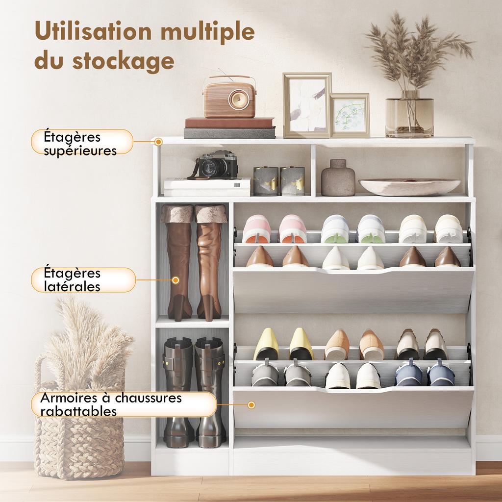 Shoe Cabinet, 2 Drop-Down Drawers, Open Compartments, Adjustable Shelf, White