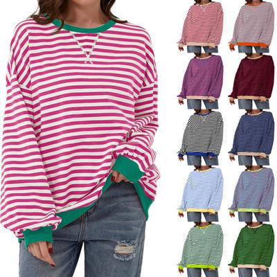 Women's Striped Print Casual Fashion Top Round Neck Patchwork Loose Long Sleeve Sweatshirt Stylidh Fashionable Lightweight Soft Long Sleeve Shirt