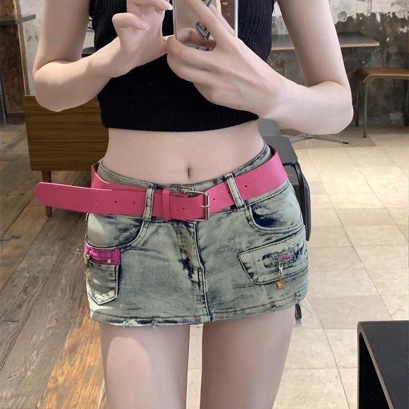 

American Vibe Retro Spicy Low-Waist Denim Mini Skirt - Sexy Summer Hip-Hugging Design for Women Small синий