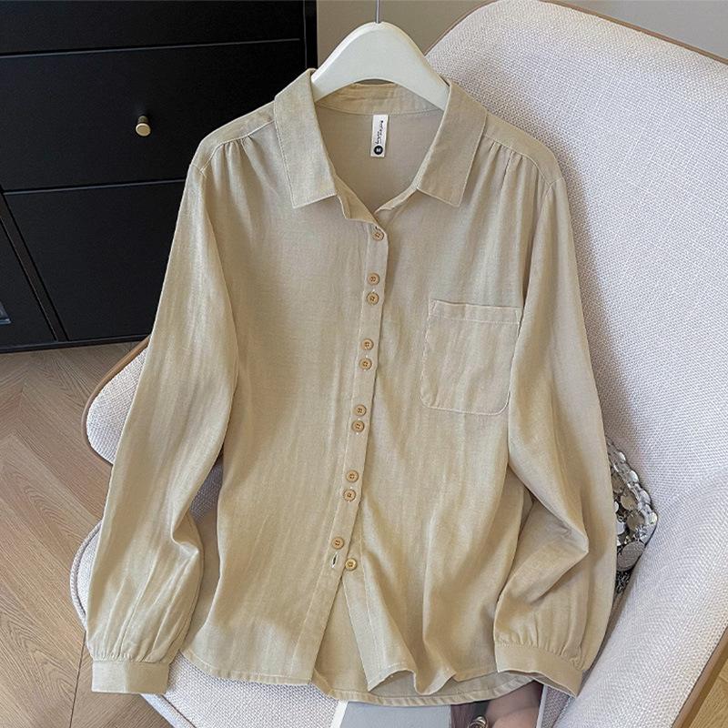 Literary and artistic style double-layer cotton yarn cotton shirt, simple design sense, spring and summer new breathable loose lapel long-sleeved top