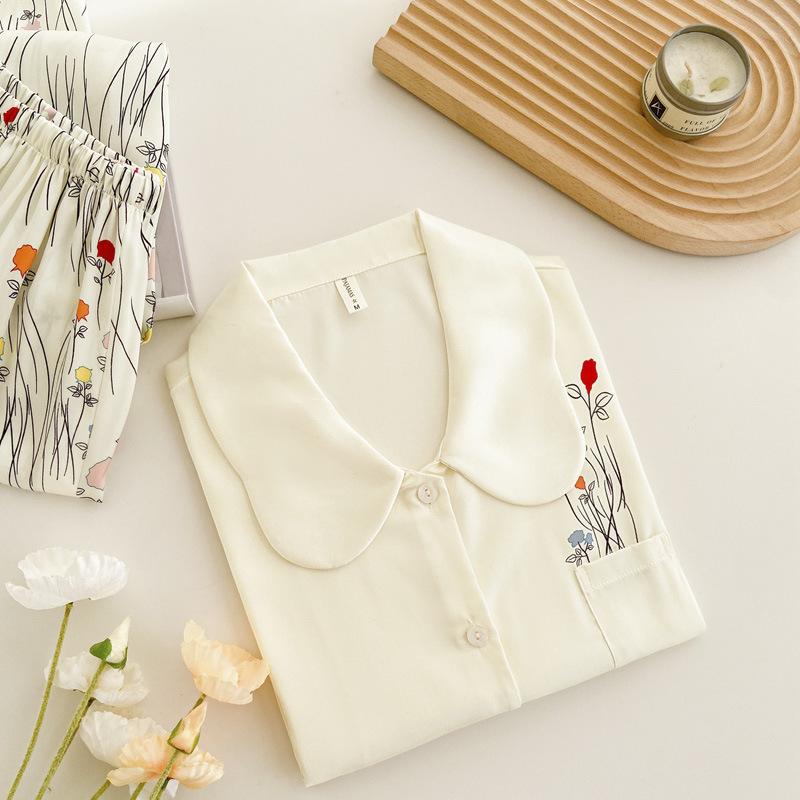 Set Pigiama da Donna 2 Pezzi Primavera Estate Stampa Floreale Indumenti da Notte Manica Lunga Pantaloni Tute Dolce Ampio Raso Abbigliamento da Casa Loungewear