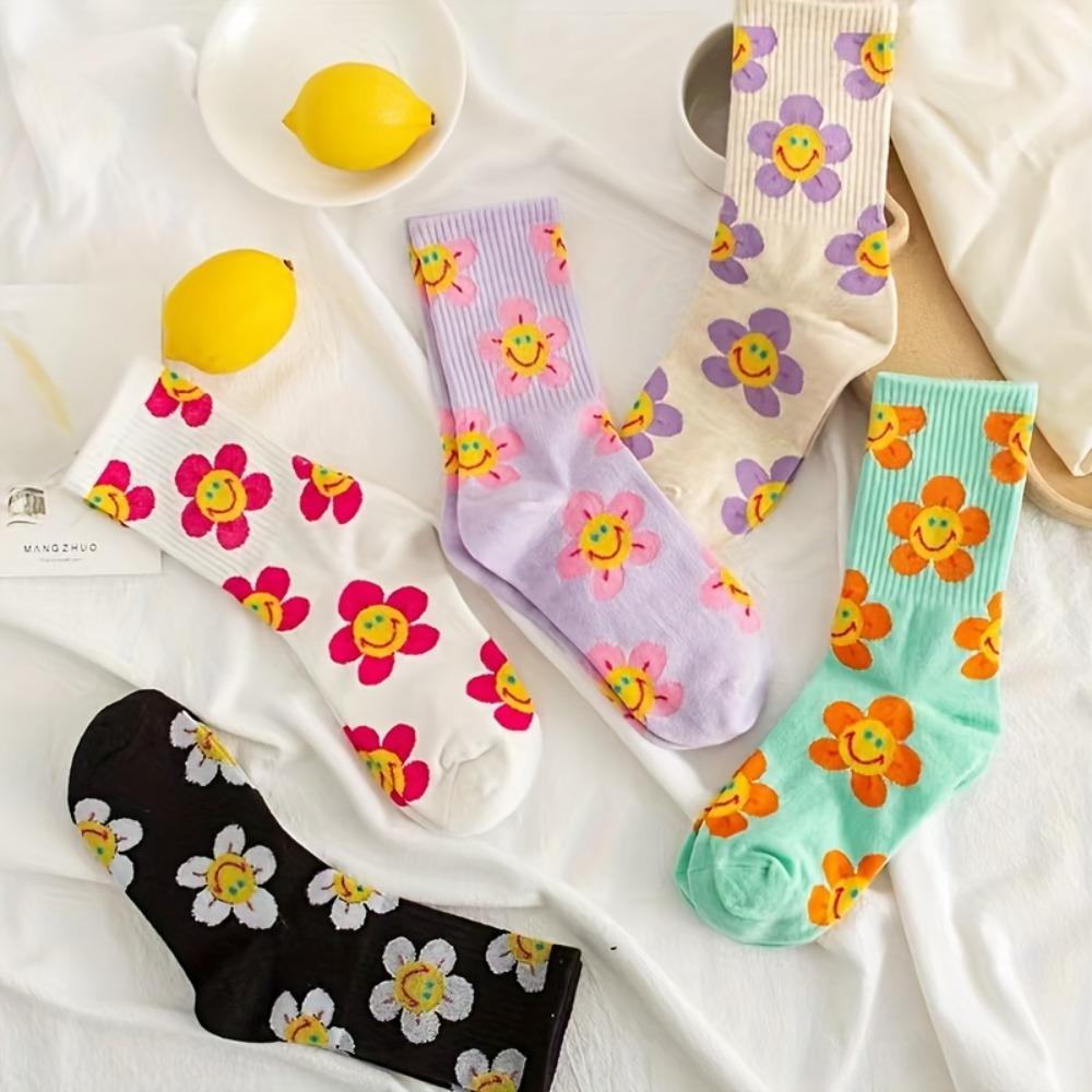 5 Pairs Women's Cute Crew Socks Set, Plus Size Floral Pattern Ribbed Knit Breathable Mid-calf Socks